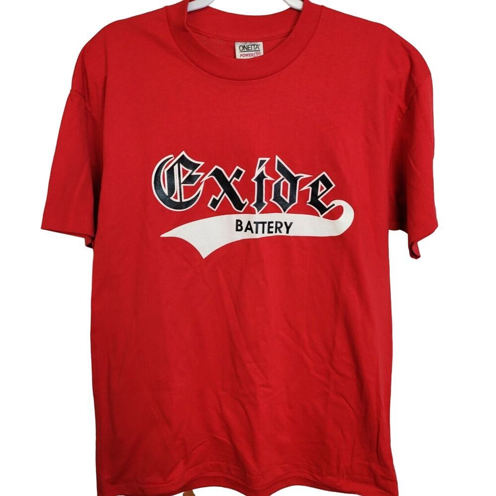 Vtg Oneita Power 50 Single Stitch Sz L RED TSHIRT Exide Battery Baseball Tee